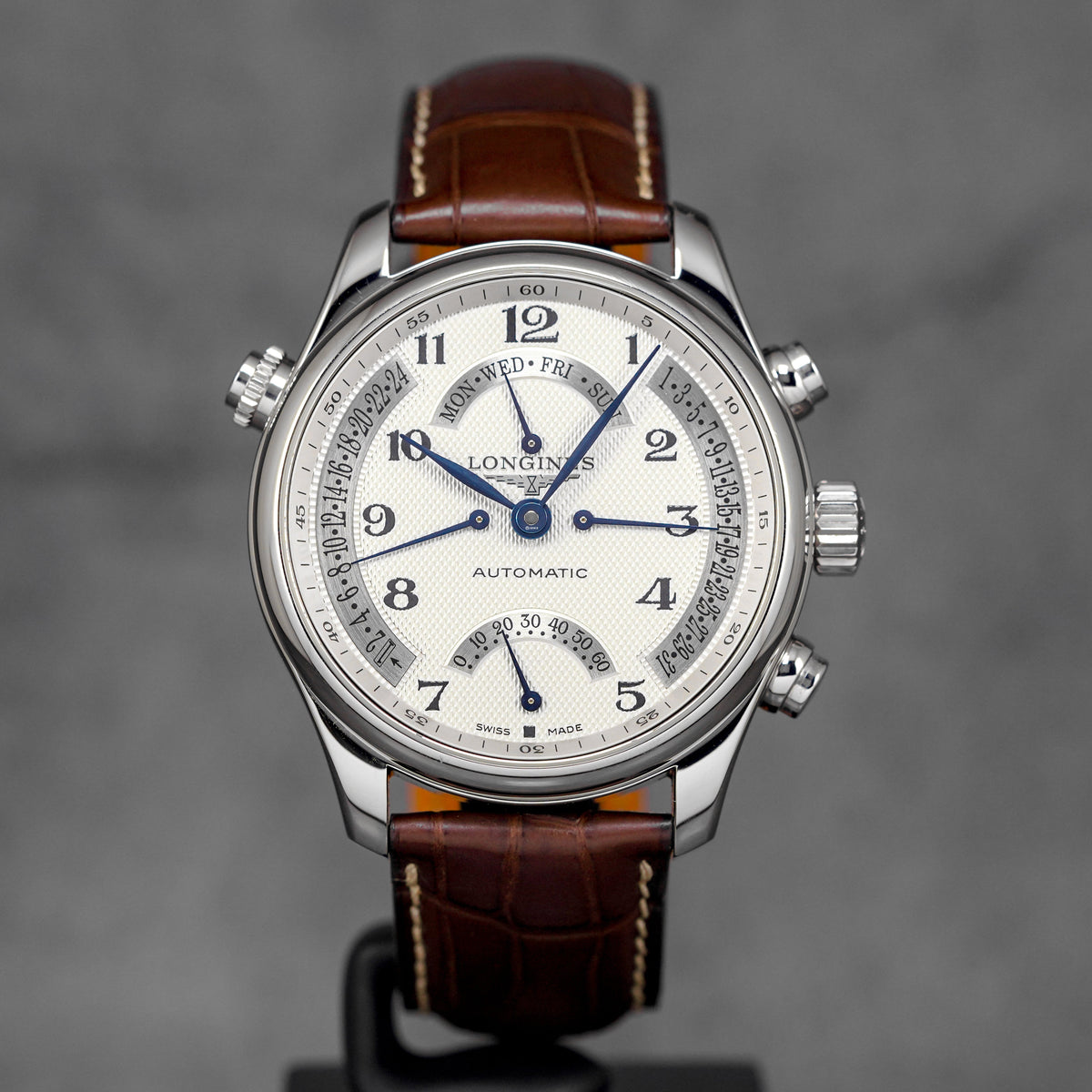harga longines master collection retrograde silver arabic