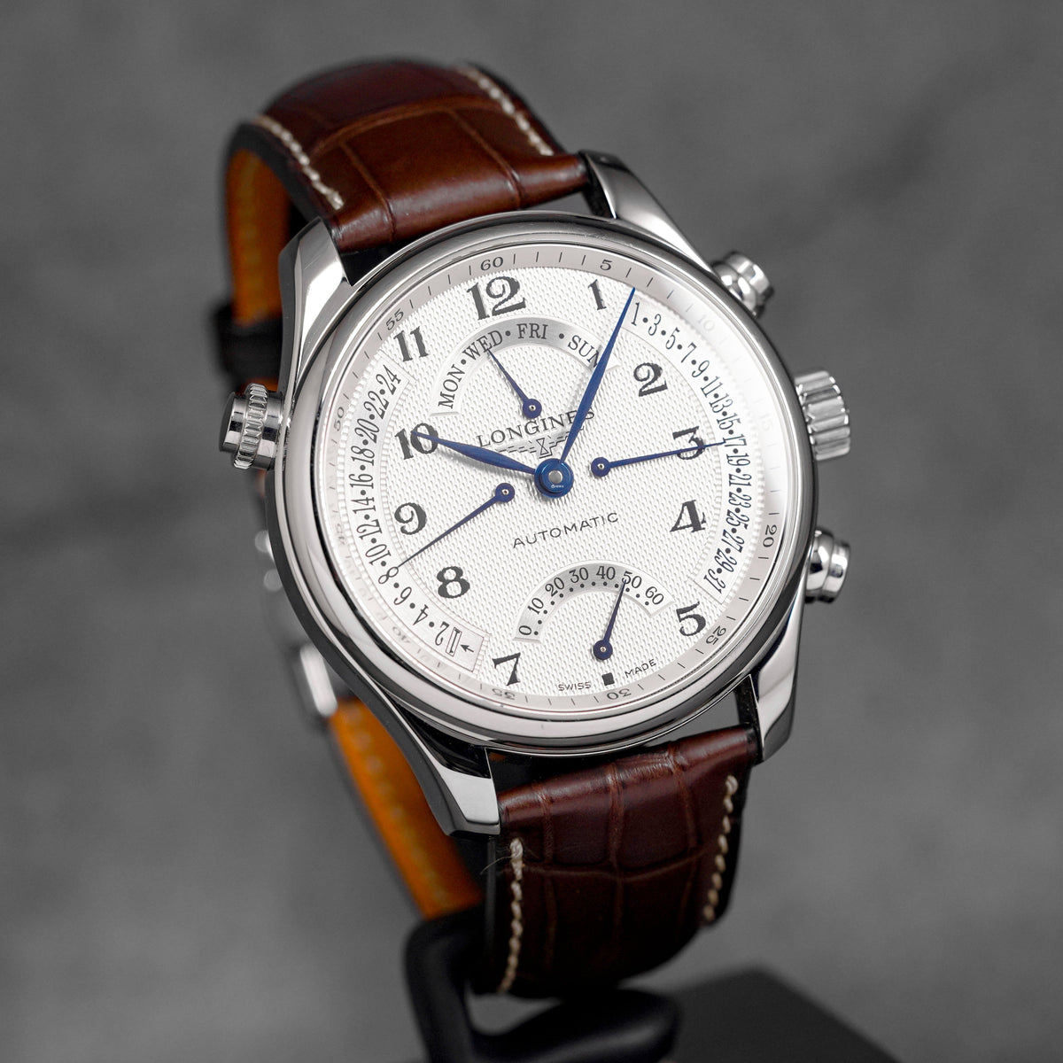 harga longines master collection retrograde silver arabic