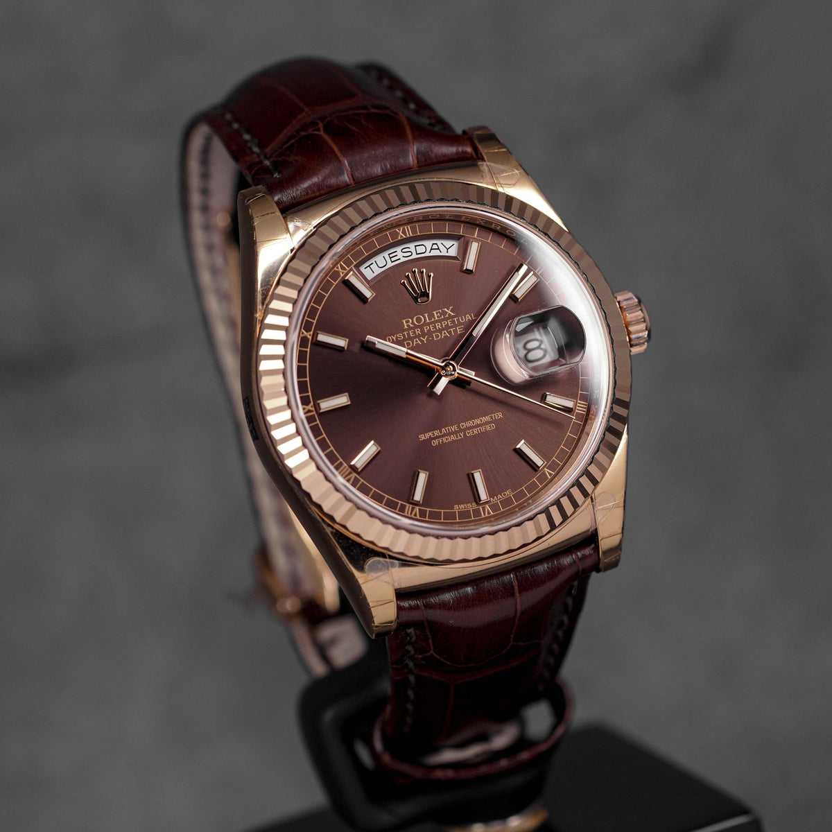 DAYDATE 36MM ROSEGOLD CHOCO DIAL LEATHER STRAP (2014)