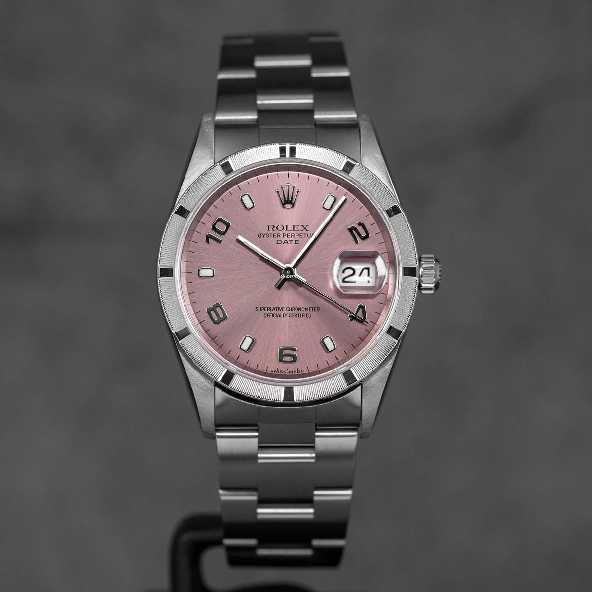 OYSTER PERPETUAL DATE 34MM 15210 ENGINE-TURNED BEZEL SALMON DIAL 'K SERIES' (WATCH ONLY)