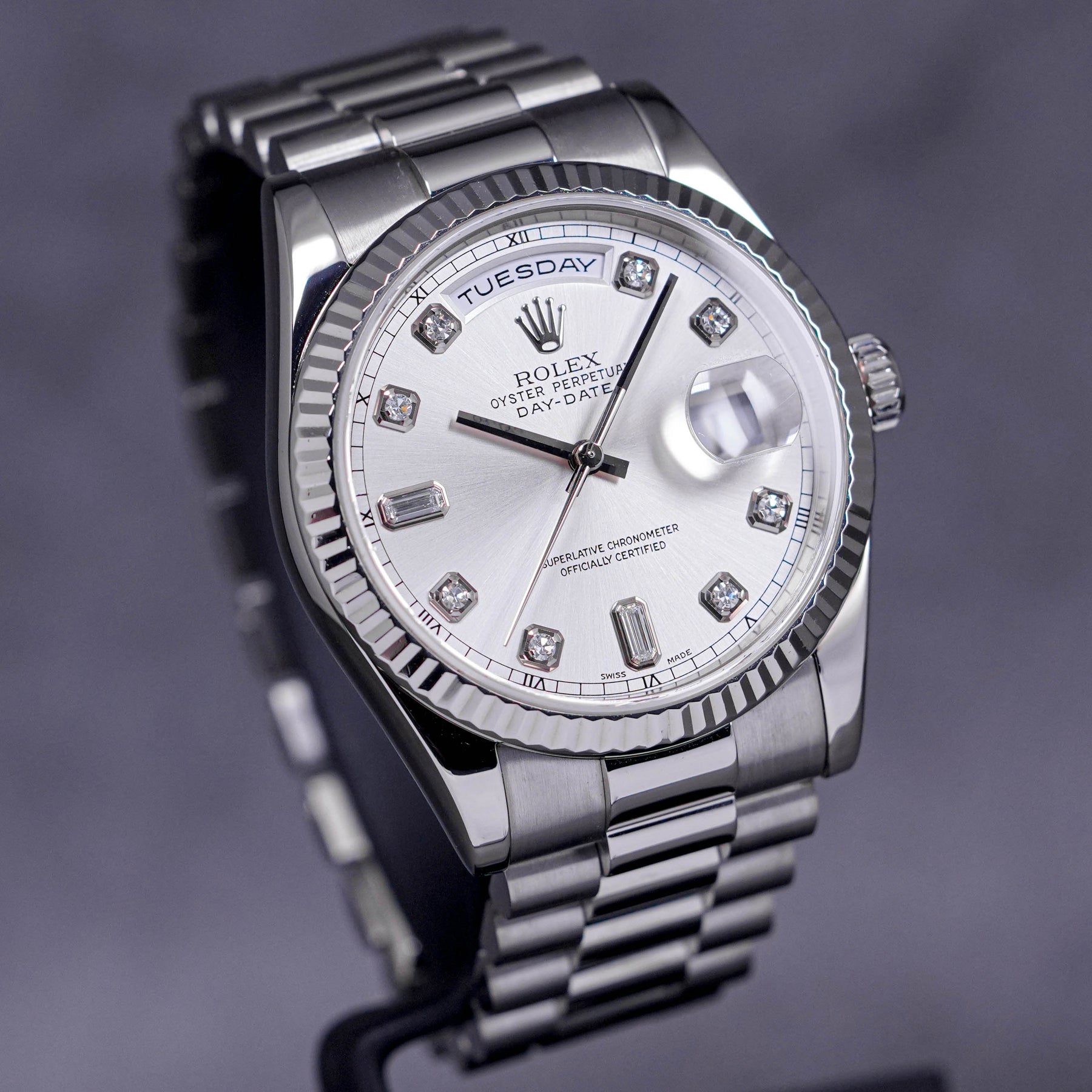 Rolex Daydate Whitegold Diamond Index Silver