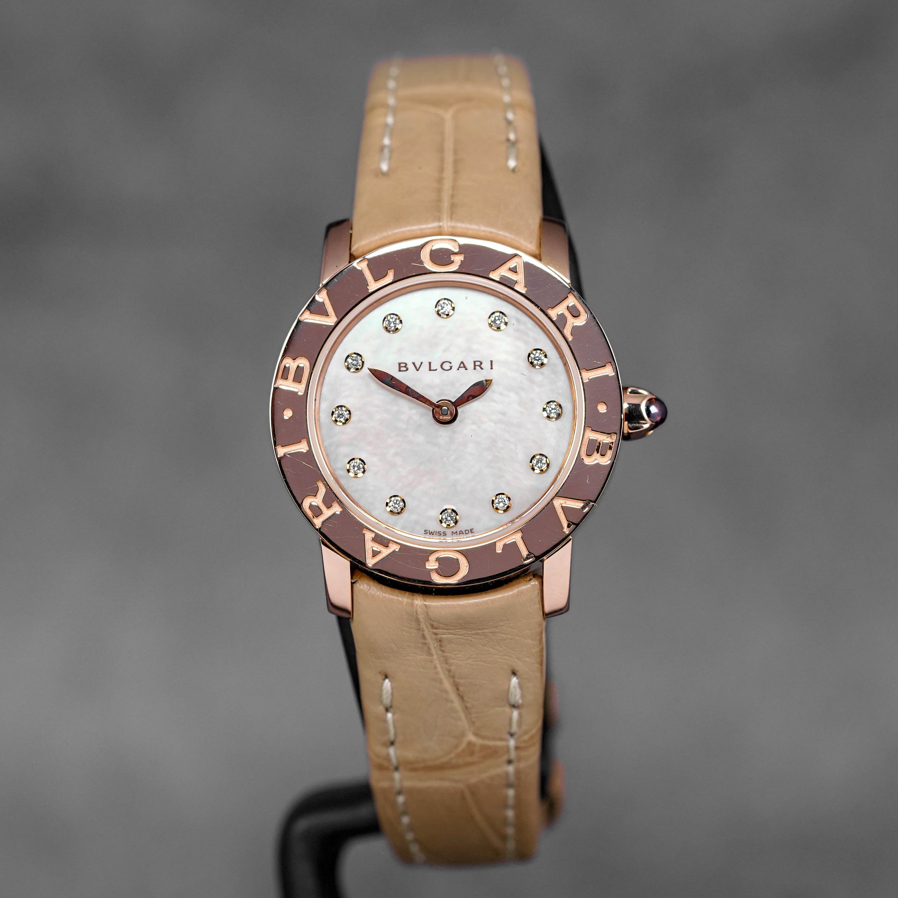 BVLGARI BB LADIES ROSEGOLD MOP DIAMOND DIAL LEATHER STRAP (WATCH