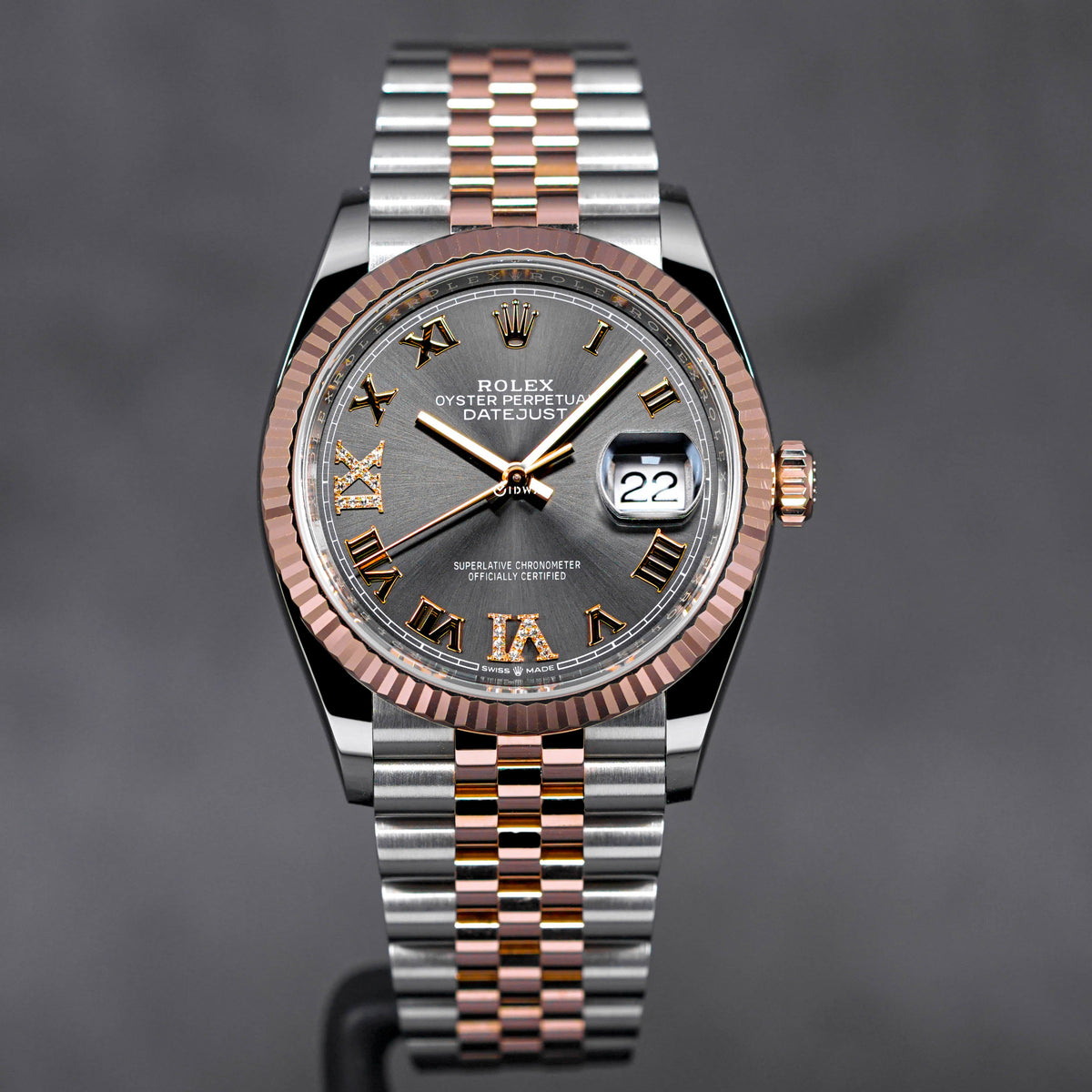 DATEJUST 36MM TWOTONE ROSEGOLD RHODIUM ROMAN DIAL DIAMOND ON 6 9 (2019)