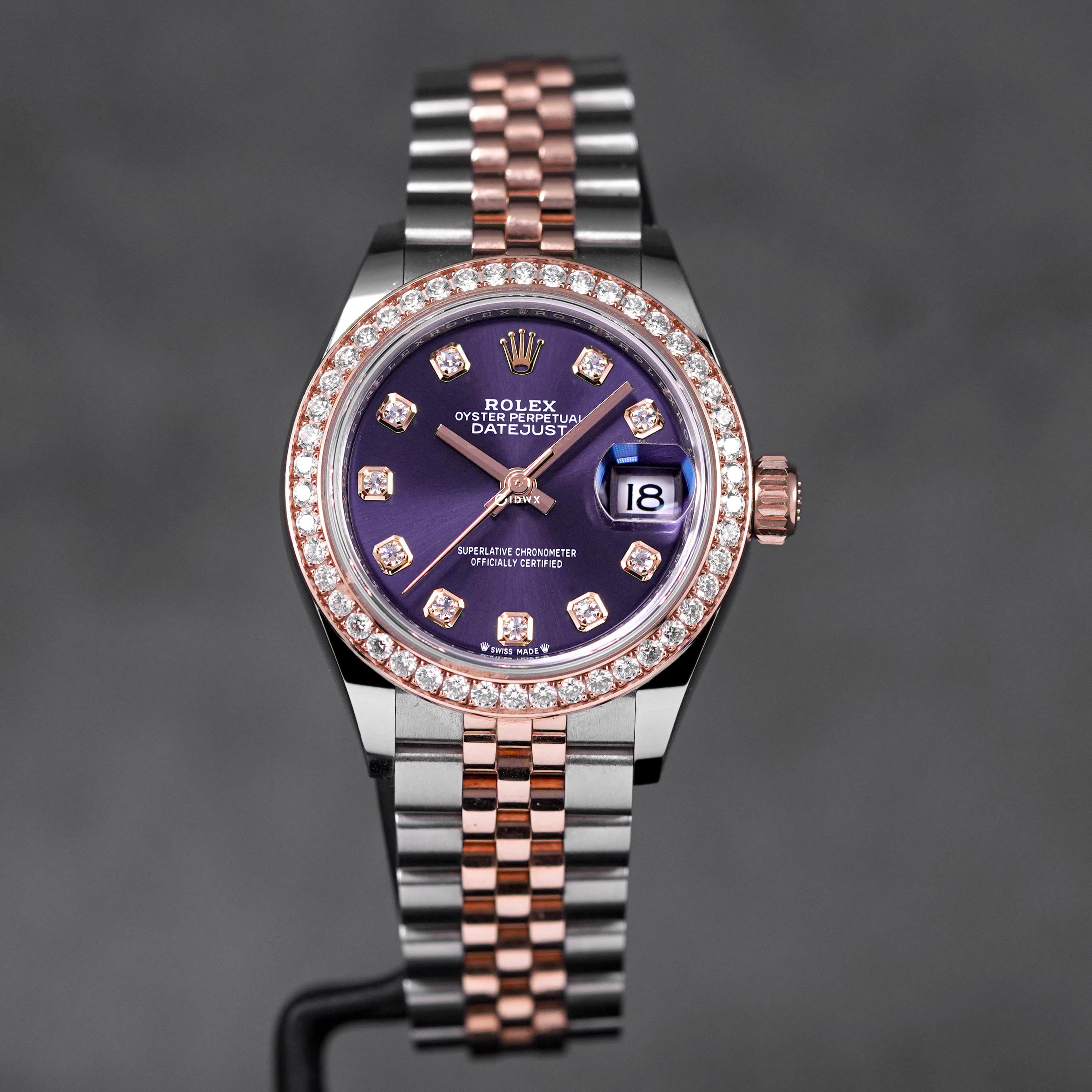 ROLEX DATEJUST 28MM TWOTONE ROSEGOLD AUBERGINE DIAMOND DIAL DIAMOND ...