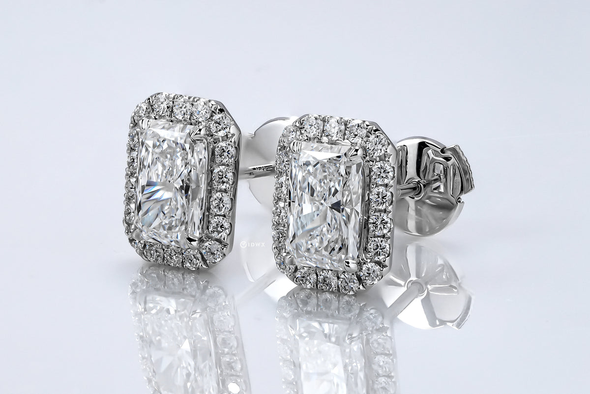 ABBEY WHITEGOLD EARRINGS 1CT RADIANT CUT LAB DIAMOND WITH HALO SIDE STONE