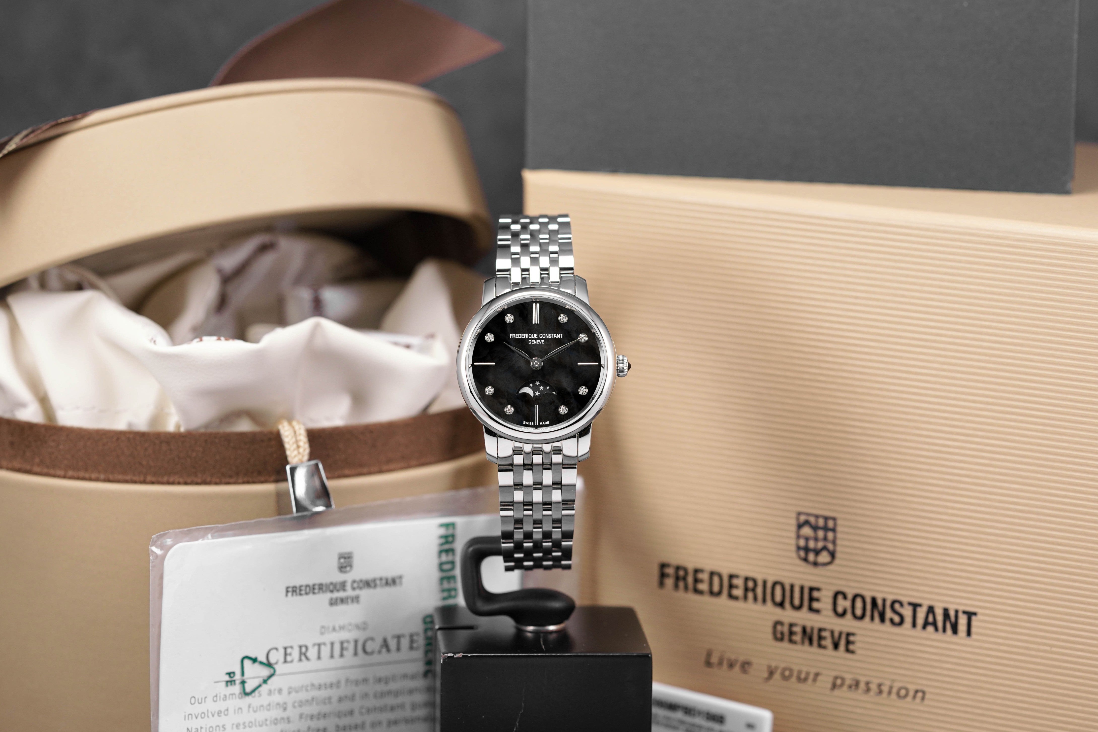 SLIMLINE MOONPHASE BLACK MOP DIAMOND DIAL