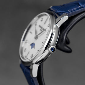 SLIMLINE MOONPHASE WHITE MOP DIAMOND DIAL LEATHER STRAP (2025)