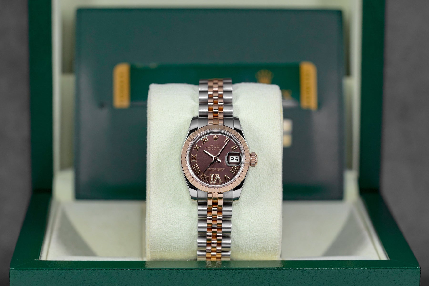 DATEJUST 26MM TWOTONE ROSEGOLD CHOCO ROMAN DIAL DIAMOND ON VI (2015)