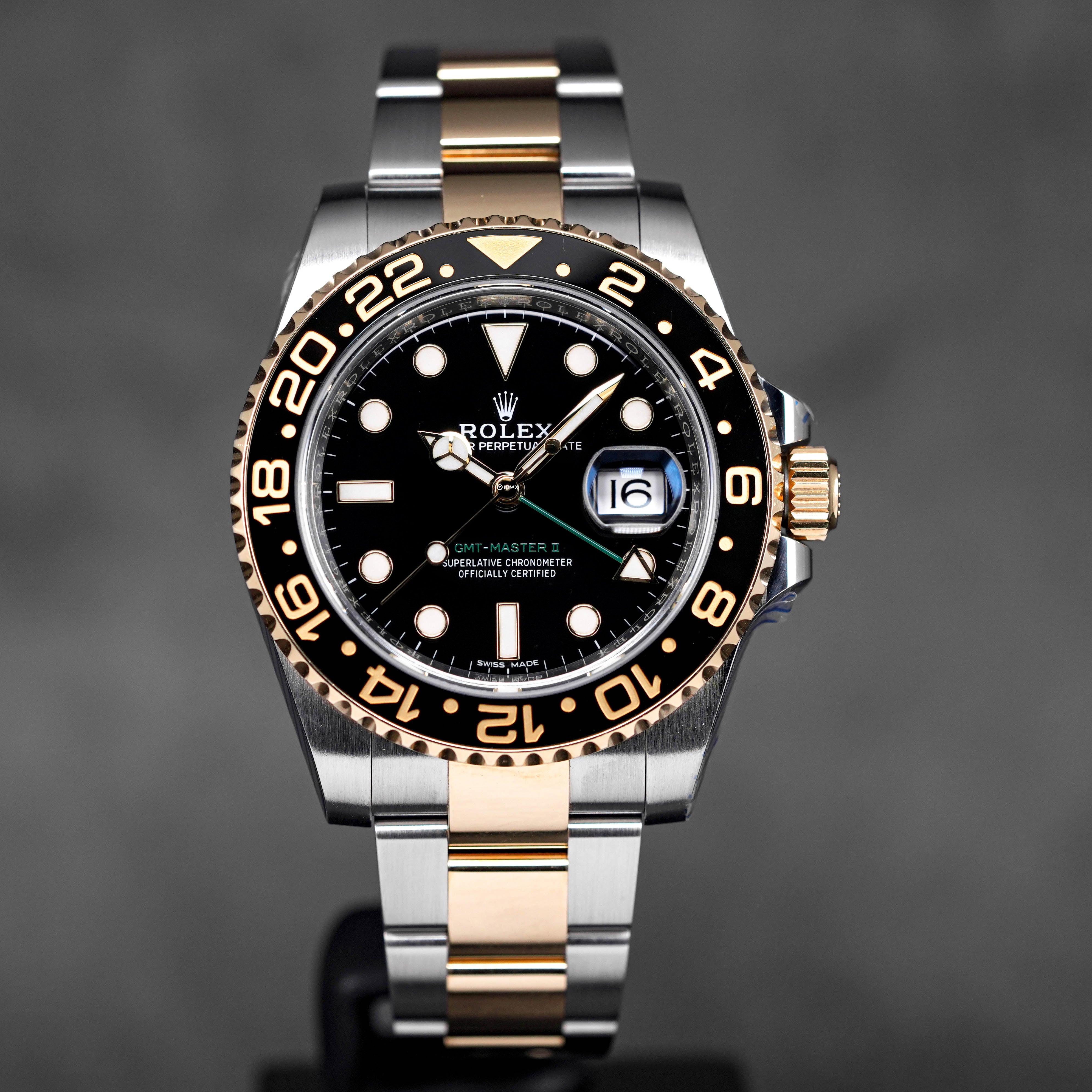 ROLEX GMT MASTER II TWOTONE YELLOWGOLD BLACK DIAL 2018 OMNILUXE