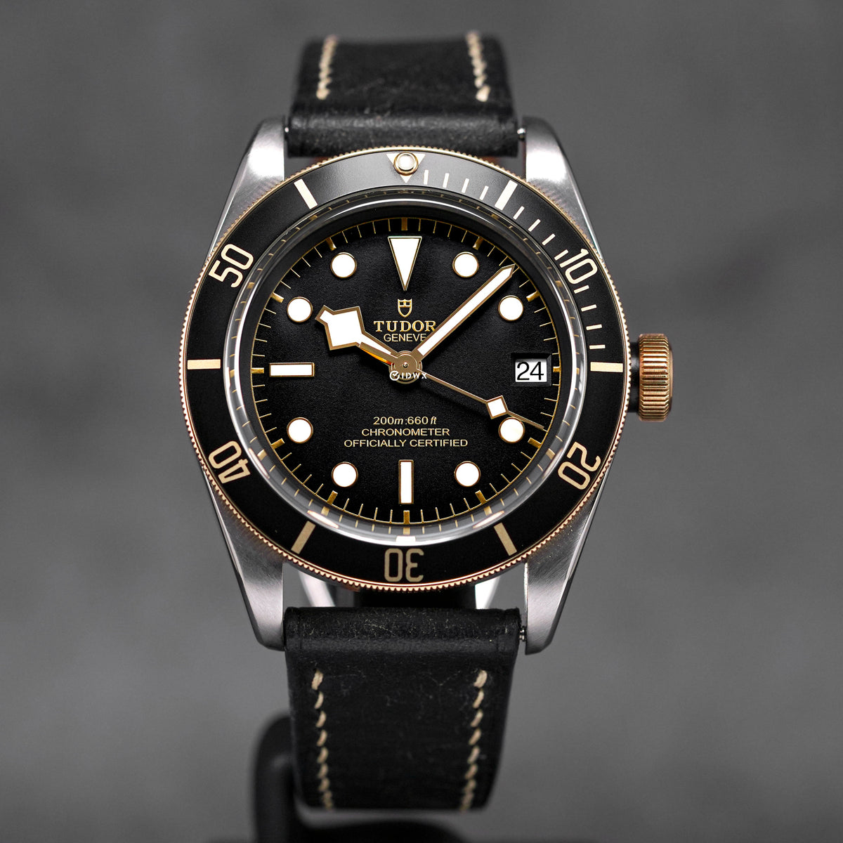 BLACK BAY TWOTONE YELLOWGOLD BLACK DIAL LEATHER STRAP (2017)