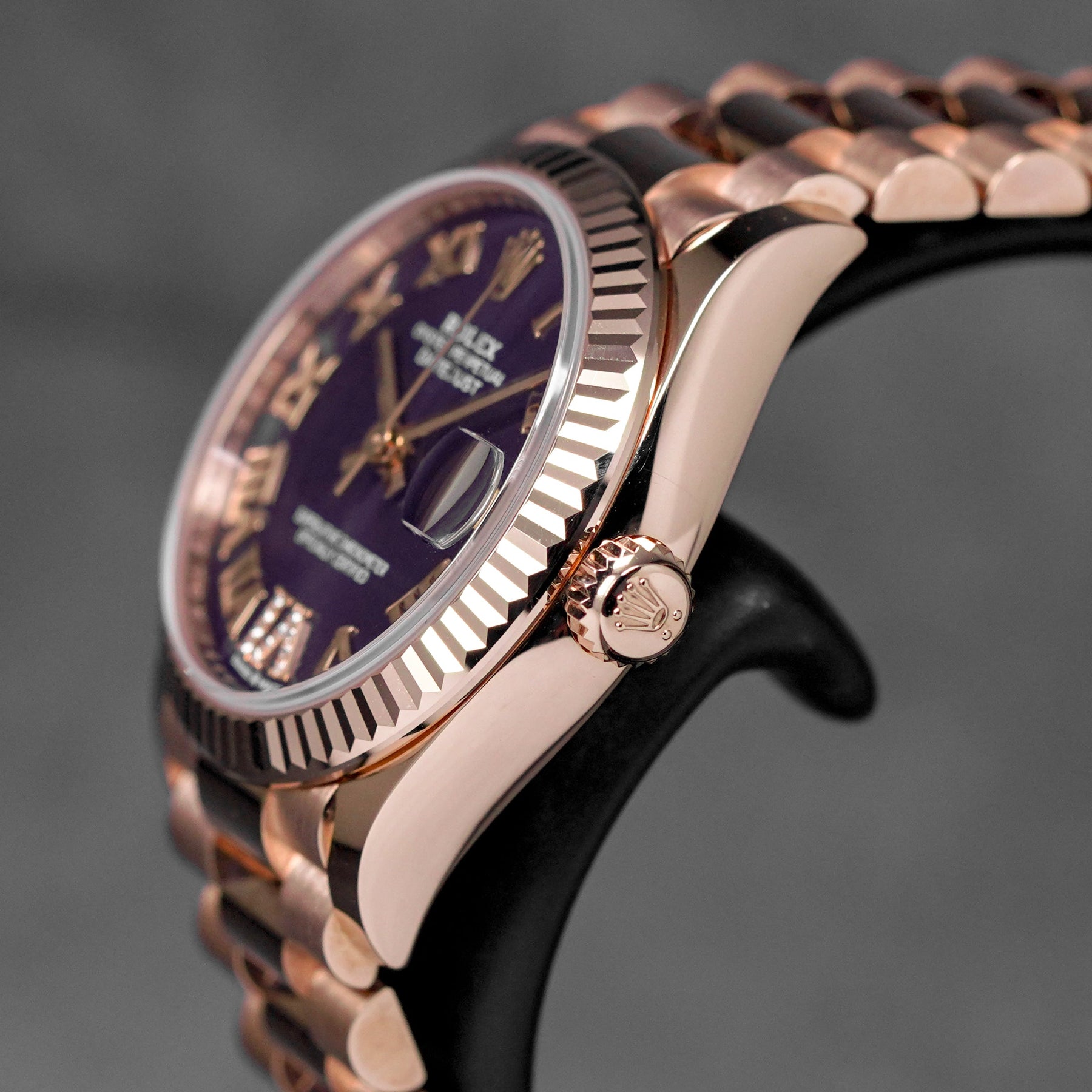 DATEJUST 31MM ROSEGOLD AUBERGINE ROMAN DIAL DIAMOND ON VI (2025)