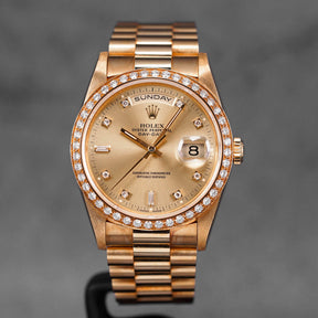 DAYDATE 36MM 18348 YELLOWGOLD CHAMPAGNE DIAMOND DIAL DIAMOND BEZEL (WATCH & BOX)