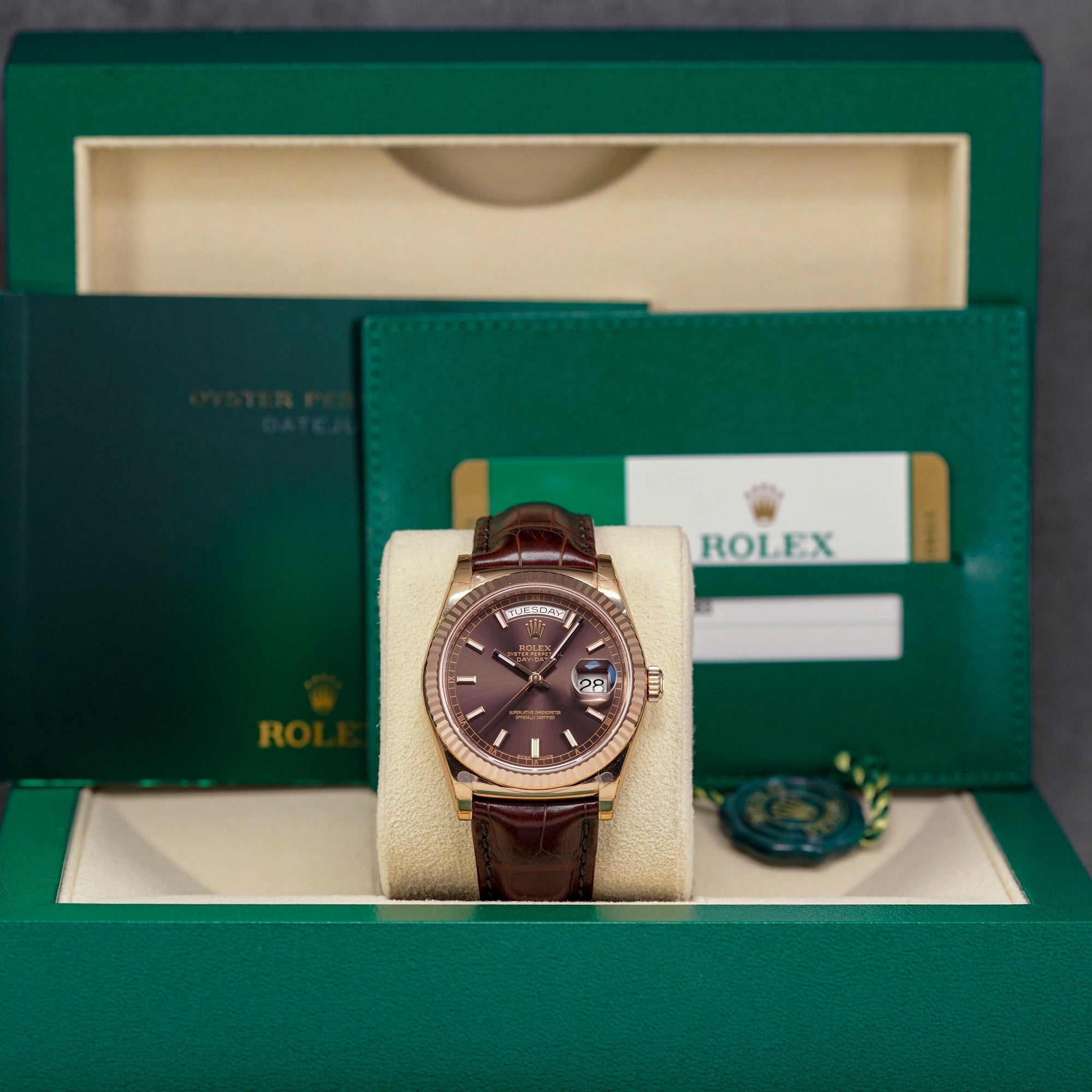 DAYDATE 36MM ROSEGOLD CHOCO DIAL LEATHER STRAP (2014)