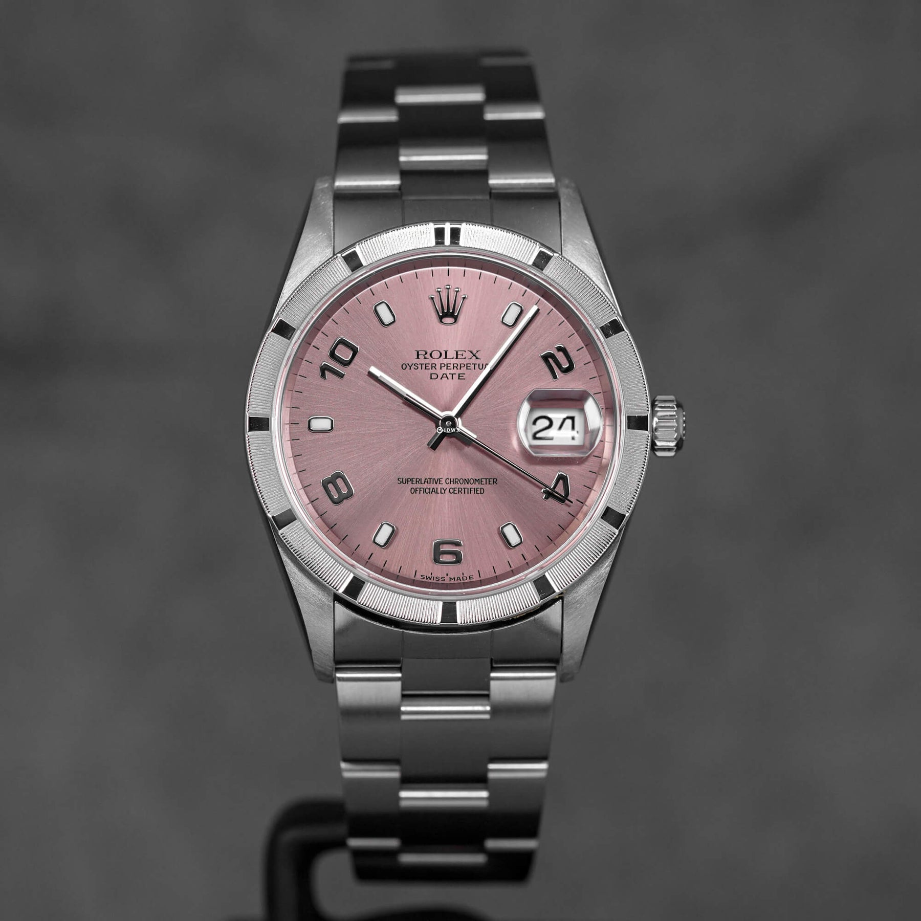 OYSTER PERPETUAL DATE 34MM 15210 ENGINE-TURNED BEZEL SALMON DIAL 'K SERIES' (WATCH ONLY)