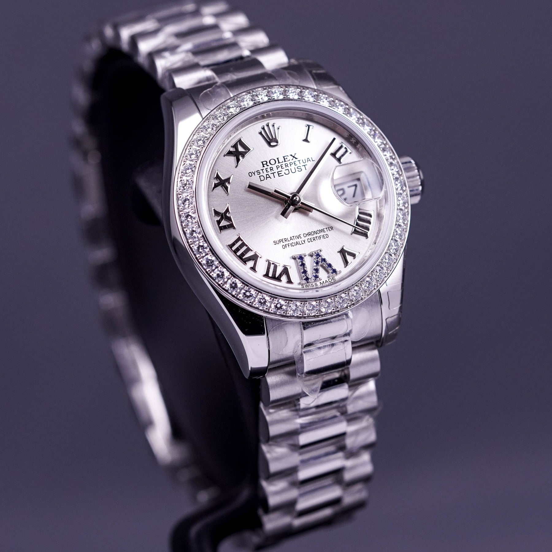 ROLEX DATEJUST 26MM PLATINUM DIAMOND RING SILVER ROMAN DIAL