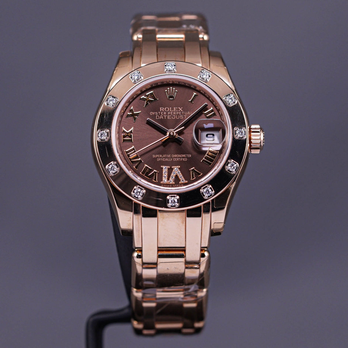 DATEJUST PEARLMASTER ROSEGOLD CHOCO ROMAN DIAL DIAMOND BEZEL