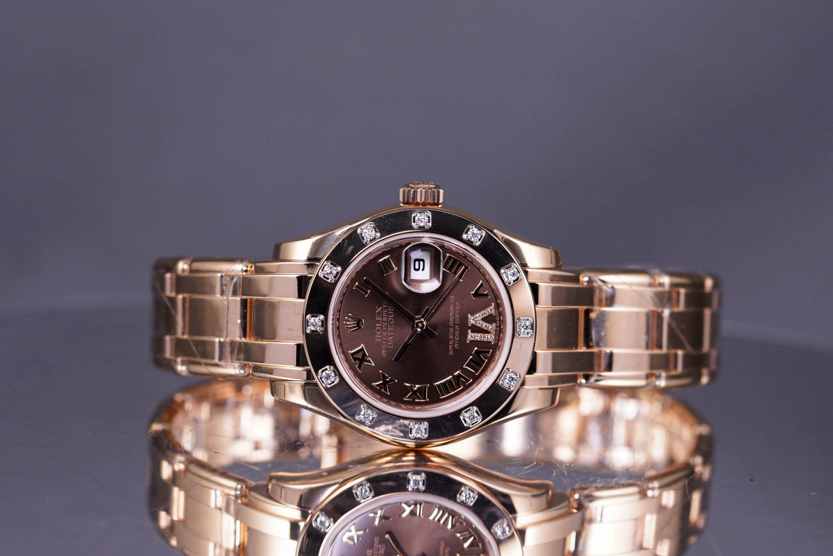 DATEJUST PEARLMASTER ROSEGOLD CHOCO ROMAN DIAL DIAMOND BEZEL