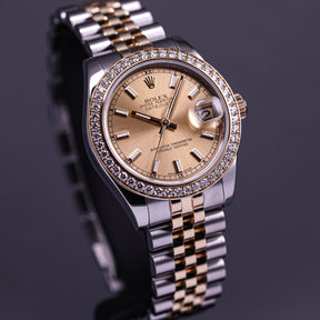 DATEJUST 31MM TWOTONE YELLOWGOLD DIAMOND RING CHAMPAGNE DIAL (2012)